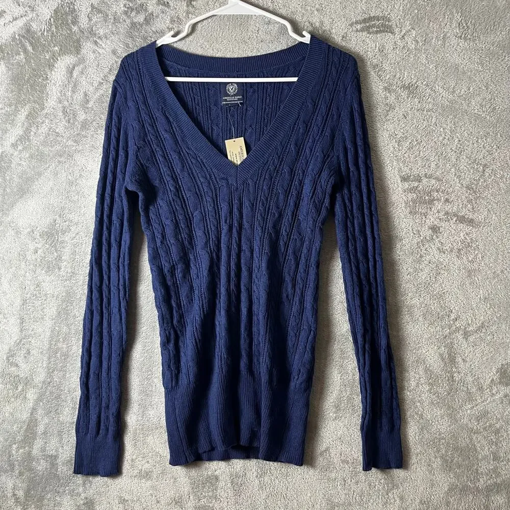 American Eagle Navy‎ Y2K Preppy Cable Knit Sweater Classic Preppy Size Large New